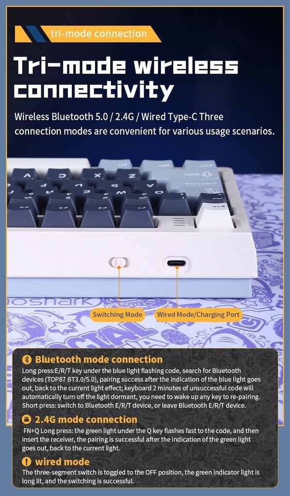 Bàn phím Darmoshark TOP 87 Tri-mode RGB Black