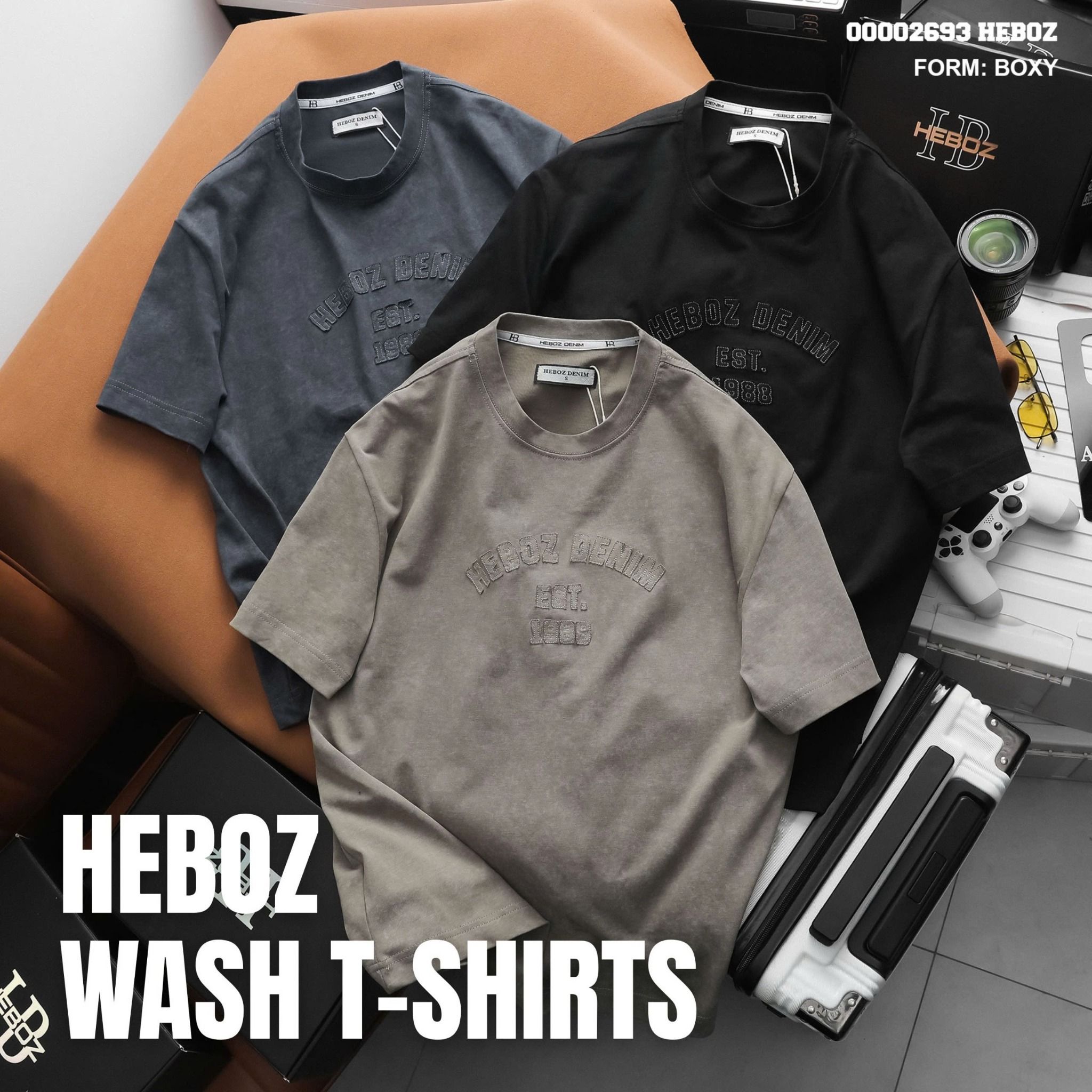  Áo thun nam Heboz wash chữ khối 3M - 00002693 