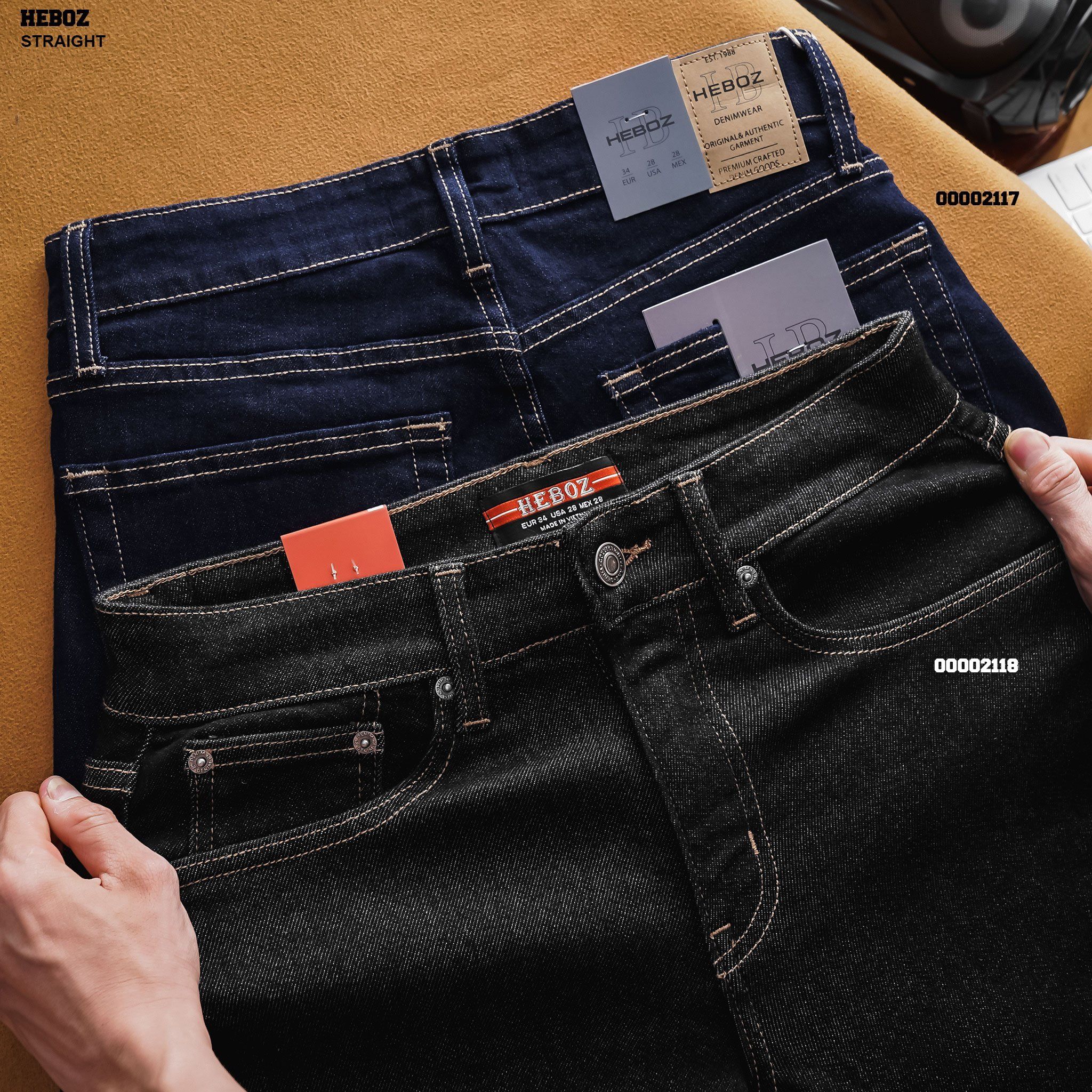  Quần jean straight indigo đen line Heboz - 00002118 