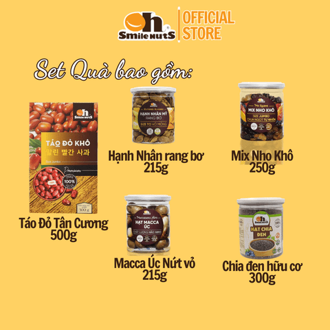  [Set D] Quà Tặng 20/11 cho Thầy Cô Cao Cấp Smile Nuts (Gồm: Táo Đỏ Khô, Hạnh Nhân Bơ, Macca Úc, Chia Đen, Nho Khô) 