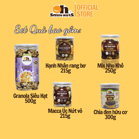  [Set E] Quà Tặng 20/11 cho Thầy Cô Cao Cấp Smile Nuts (Gồm: Granola Siêu Hạt, Hạnh Nhân Bơ, Macca Úc, Chia Đen, Nho Khô) 