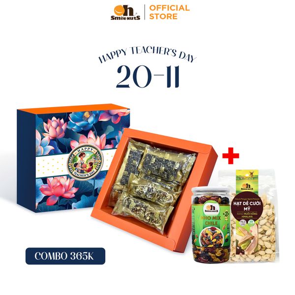 Quà tặng 20/11 Oh Smile Nuts - Gồm Nho Khô Chile, Hạt Dẻ Cười Mỹ Rang Muối Hồng Himalaya, Bánh Thuyền Mix Hạt, Bánh Rong Biển Kẹp Hạt