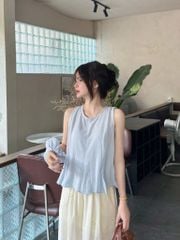 KS0889-Set áo tơ xanh, quần suông thêu hoa Kem (kèm cột tóc)