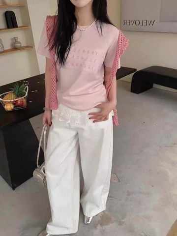 LEN1063-Áo thun kết cườm số+choàng len Hồng (Full  Hồng)