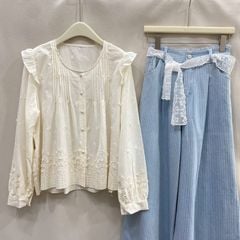 LEN1195 ÁO THÊU XẾP LI NGỰC NÚT NGỌC (KEM)