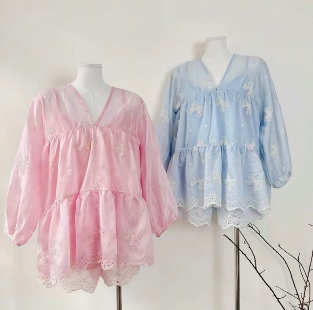 LEN1344 SET TƠ THÊU NƠ, QUẦN SHORT (HỒNG)