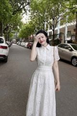 KS0882-Đầm xô thêu CC phối nút bọc cổ sơ mi Trắng