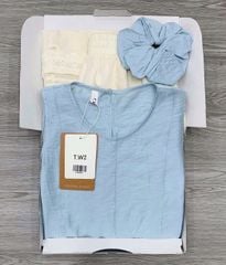 KS0889-Set áo tơ xanh, quần suông thêu hoa Kem (kèm cột tóc)