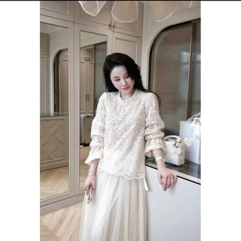 LEN1441 SET ÁO REN CỔ NGỌC, CV TÙNG LƯỚI DÀI KEM
