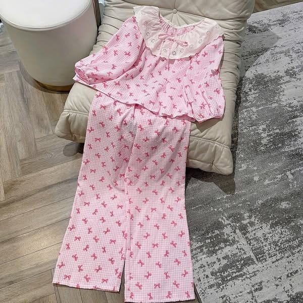 TQ4222-Set bộ caro áo phối bèo, quần dài họa tiết nơ Hồng