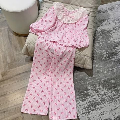 TQ4222-Set bộ caro áo phối bèo, quần dài họa tiết nơ Hồng