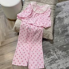 TQ4222-Set bộ caro áo phối bèo, quần dài họa tiết nơ Hồng