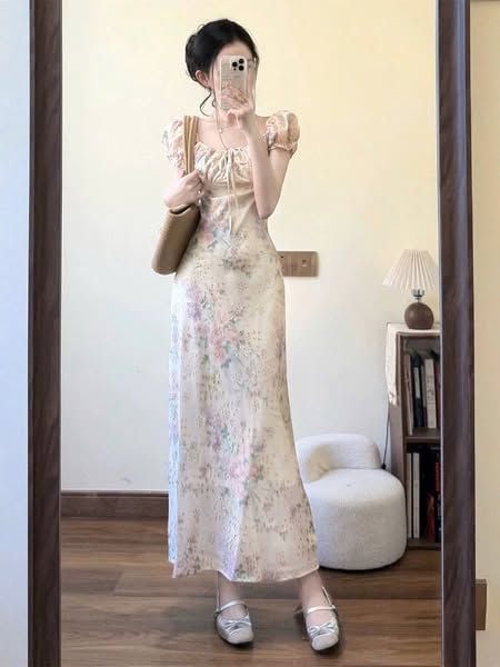 KS0676-Đầm xô thêu họa tiết hoa Kem