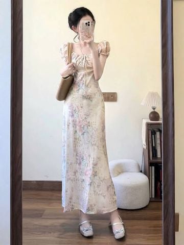KS0676-Đầm xô thêu họa tiết hoa Kem