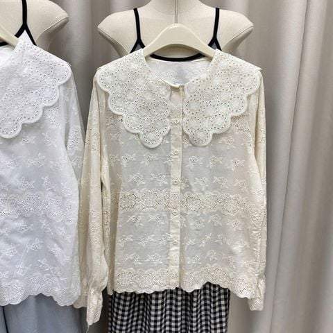 LEN1227 ÁO HOA ĐÀO THÊU NỔI (KEM)