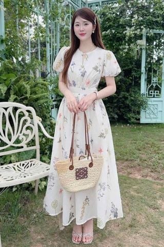 TB5754 ĐẦM HOA TAY PHỒNG CỔ SẺ V