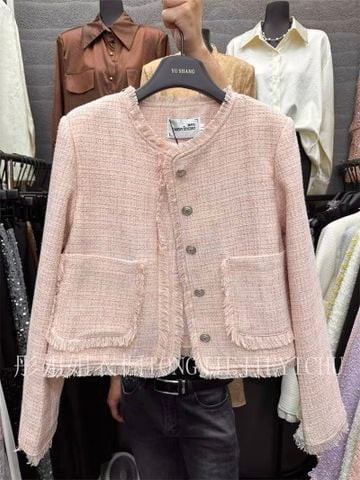 QCC0060 KHOÁC DẠ TUA RUA HỒNG NÚT BẠC