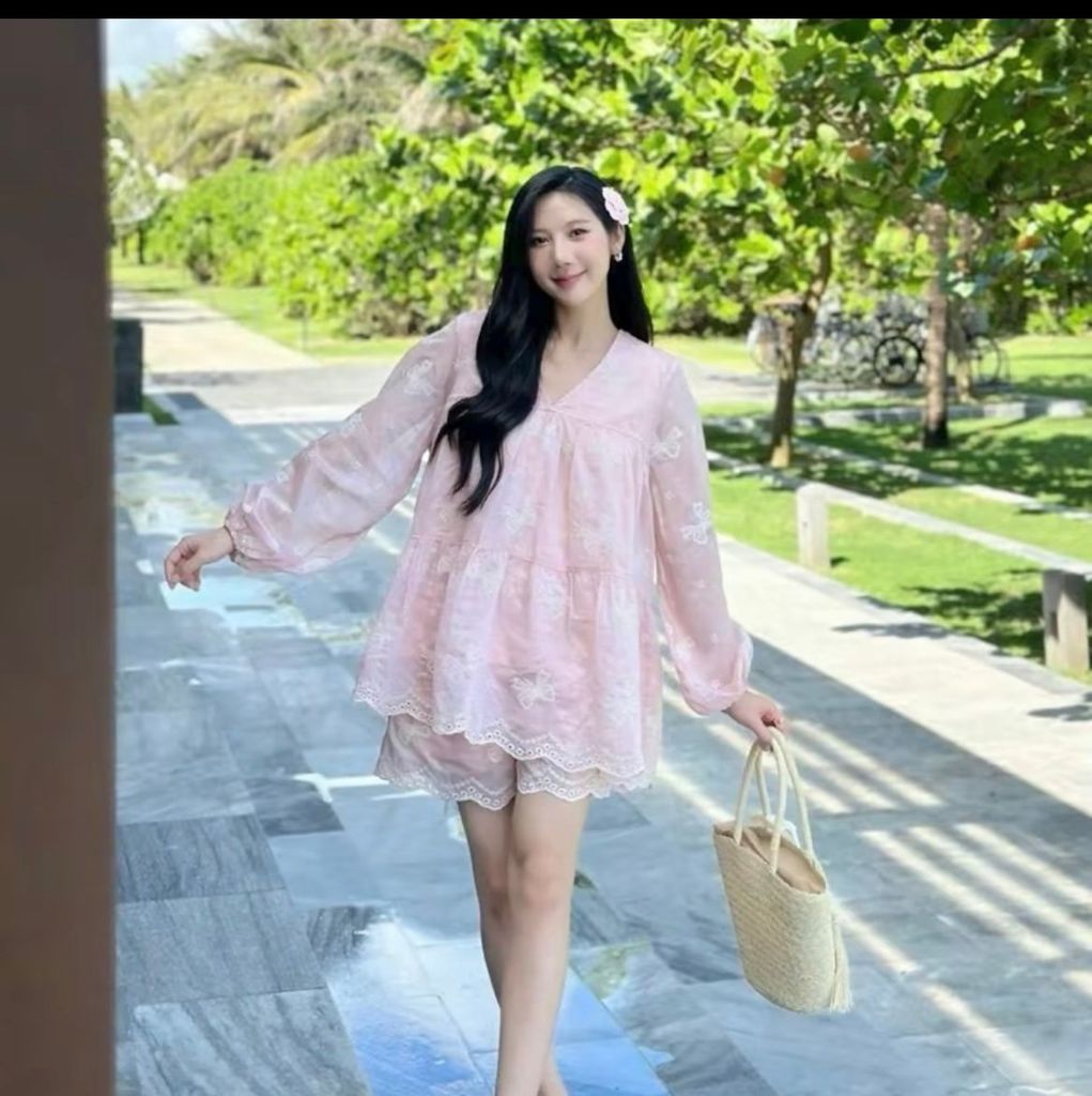 LEN1344 SET TƠ THÊU NƠ, QUẦN SHORT (HỒNG)
