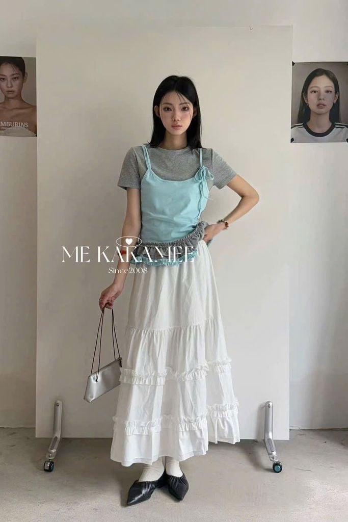 LEN3275 Chân váy tầng bèo Trắng 8512