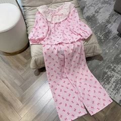 TQ4222-Set bộ caro áo phối bèo, quần dài họa tiết nơ Hồng