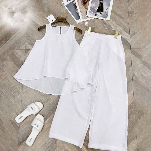 TQ4218-Set áo sát nách, quần dài Kem