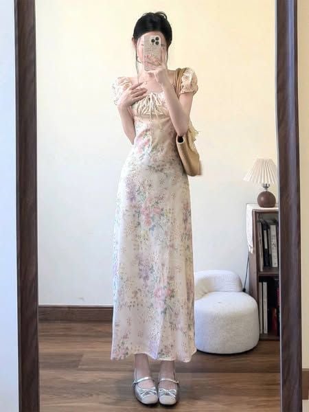 KS0676-Đầm xô thêu họa tiết hoa Kem