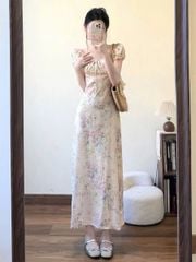 KS0676-Đầm xô thêu họa tiết hoa Kem