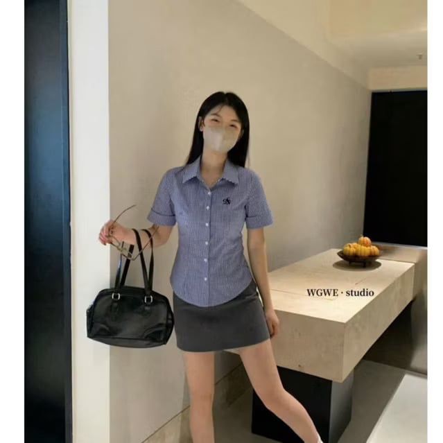 LEN2084 ÁO SƠMI QC THÊU CHỮ (CARO XANH)