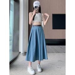 LEN1023 CHÂN VÁY JEAN QC DÁNG DÀI + NỊT (Xanh)