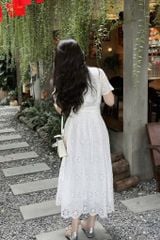 KS0882-Đầm xô thêu CC phối nút bọc cổ sơ mi Trắng