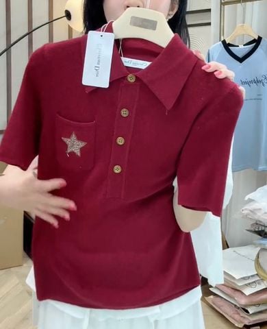LEN1557-Áo len cổ polo phối túi thêu ngôi sao Đỏ