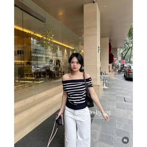 LEN1966 ÁO LEN SỌC QC NÚT KIM LOẠI