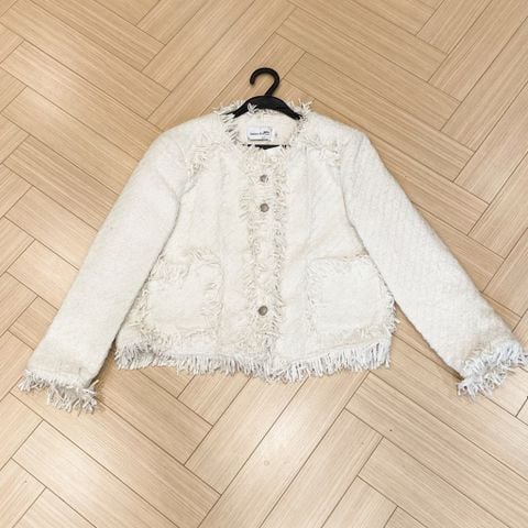 QCC0022-Áo dạ phối túi, viền tua rua Kem