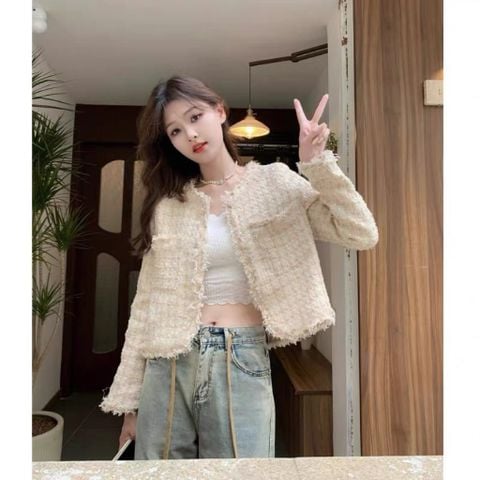 QCC0061- Áo dạ nút bọc phối túi lai tua rua Nâu