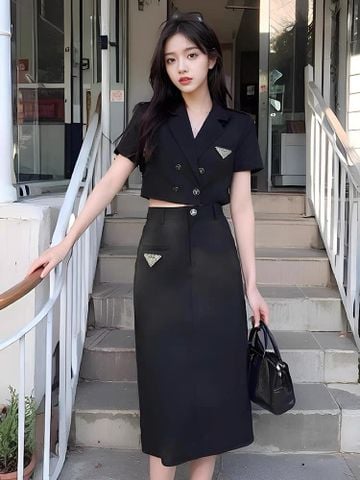 SET ÁO KIỂU VEST Prada ,VÁY DÀI (ĐEN)