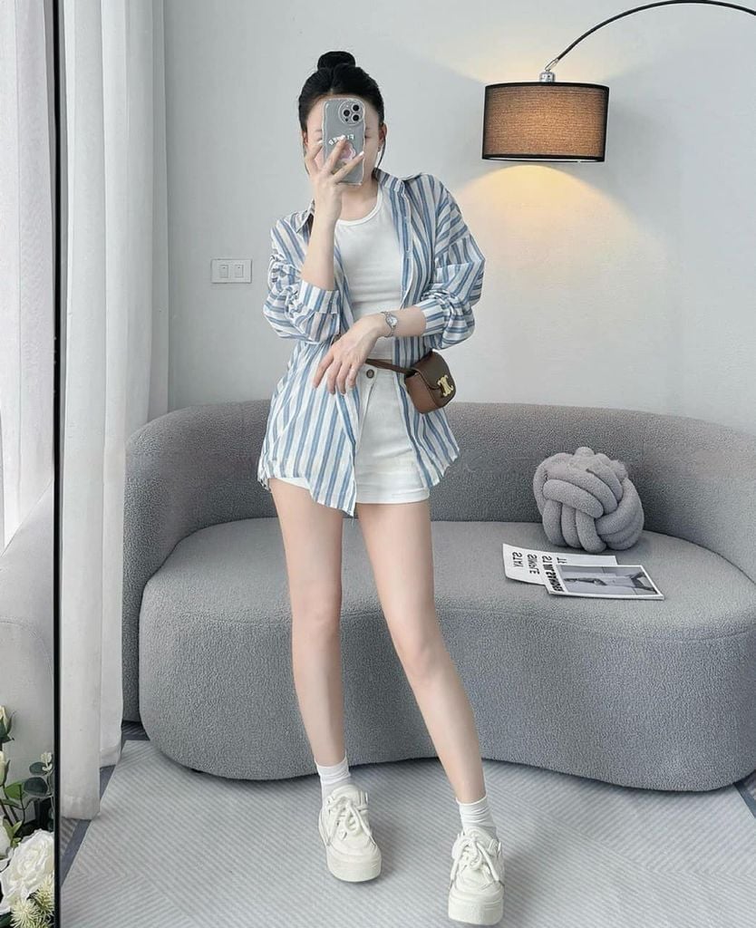 SET ÁO BA LỔ, ÁO SOMI XANH, QUẦN SHORT