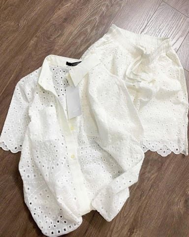 VRA0314- Set xô thêu áo sơ mi, quần short Trắng