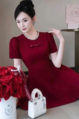 VGU8994-Đầm xòe ngắn viền cổ đính đá Đỏ