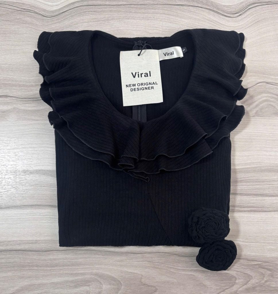 VRA0221 - Đầm body cổ bèo eo đính hoa Đen