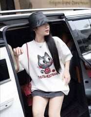 VGU9067-Set áo thun trắng in mèo, CV jean ngắn CC