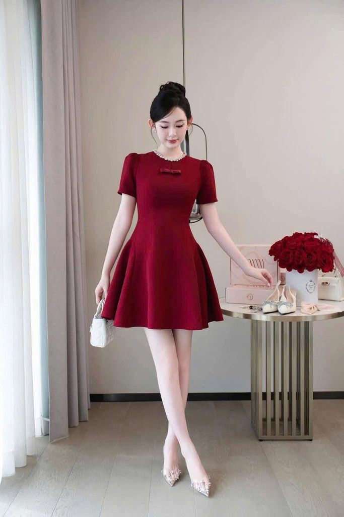 VGU8994-Đầm xòe ngắn viền cổ đính đá Đỏ
