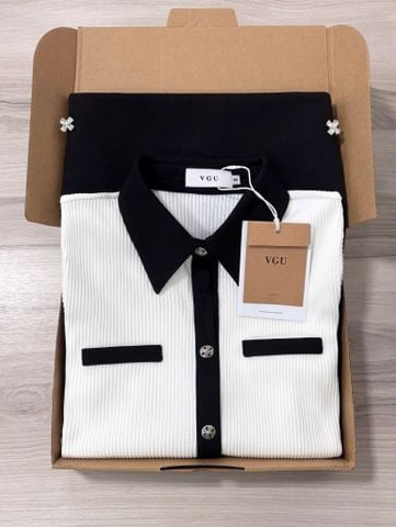 VGU9062- Set áo tay dài phối viền, CV đính tag đá