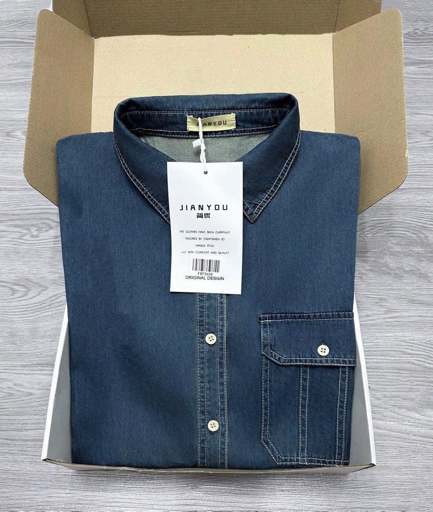 TB7265- Đầm sơ mi Jean phối túi  QC CC Xanh Đậm