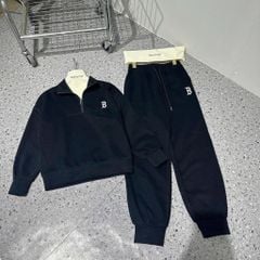 VGU9045-Set thể thao áo tay dài logo thêu, quần jogger Đen