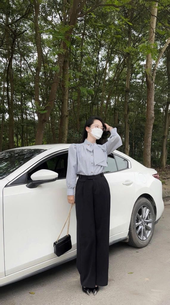 TQ3920-Set công sở áo sơ cột nơ cổ, quần dài Đen