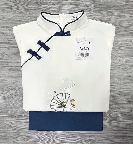SKY7564-Set đồ Lam áo thêu hoa đính nút tàu, quần dài Xanh