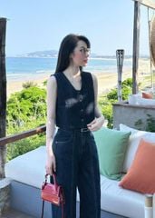 TB7156-Set Jean áo gile phối túi, quần suông lai tua rua CC (X.Đậm)