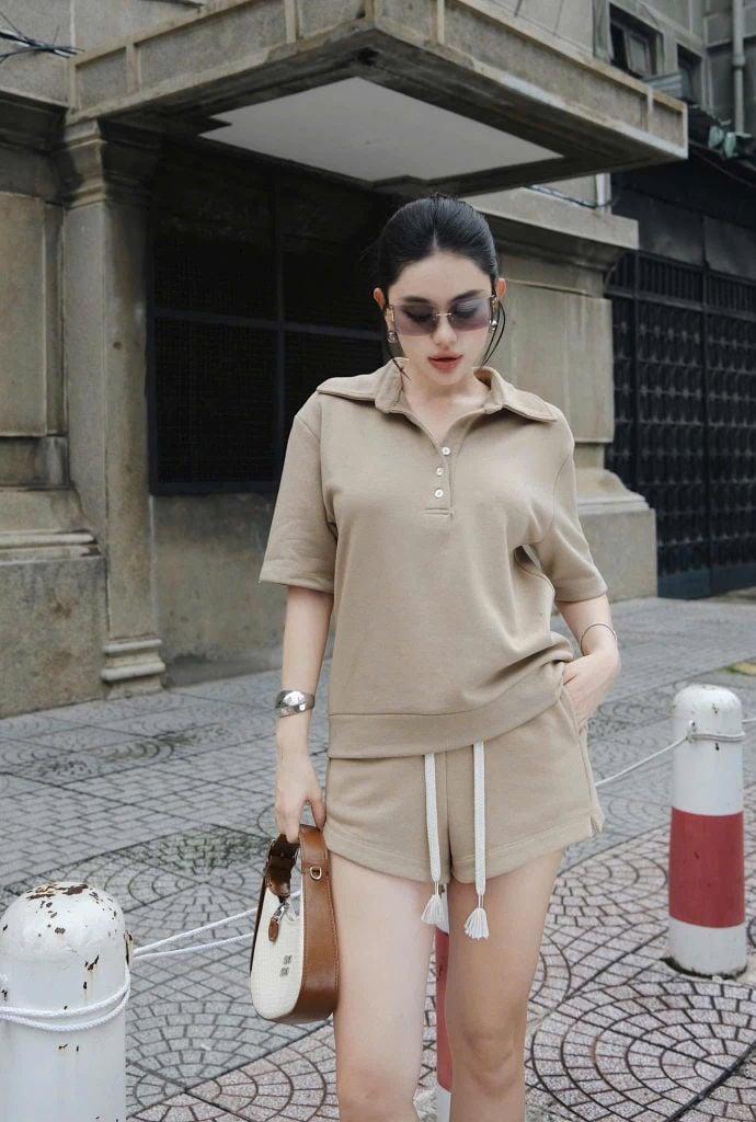 TQ3961-Set thun áo cổ polo, quần short Nâu