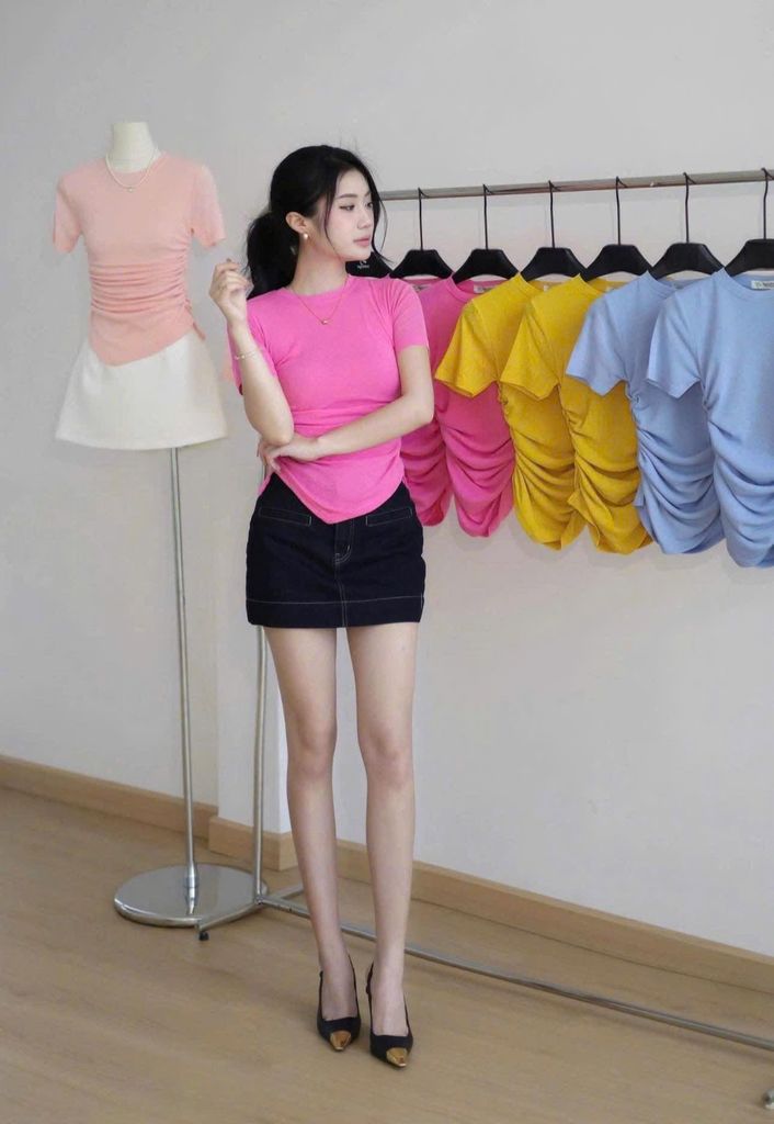 VRA0358-Áo thun tay ngắn nhúng eo Hồng (áo lẻ)