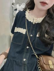 TB7239- Đầm jean A suông cổ phối viền